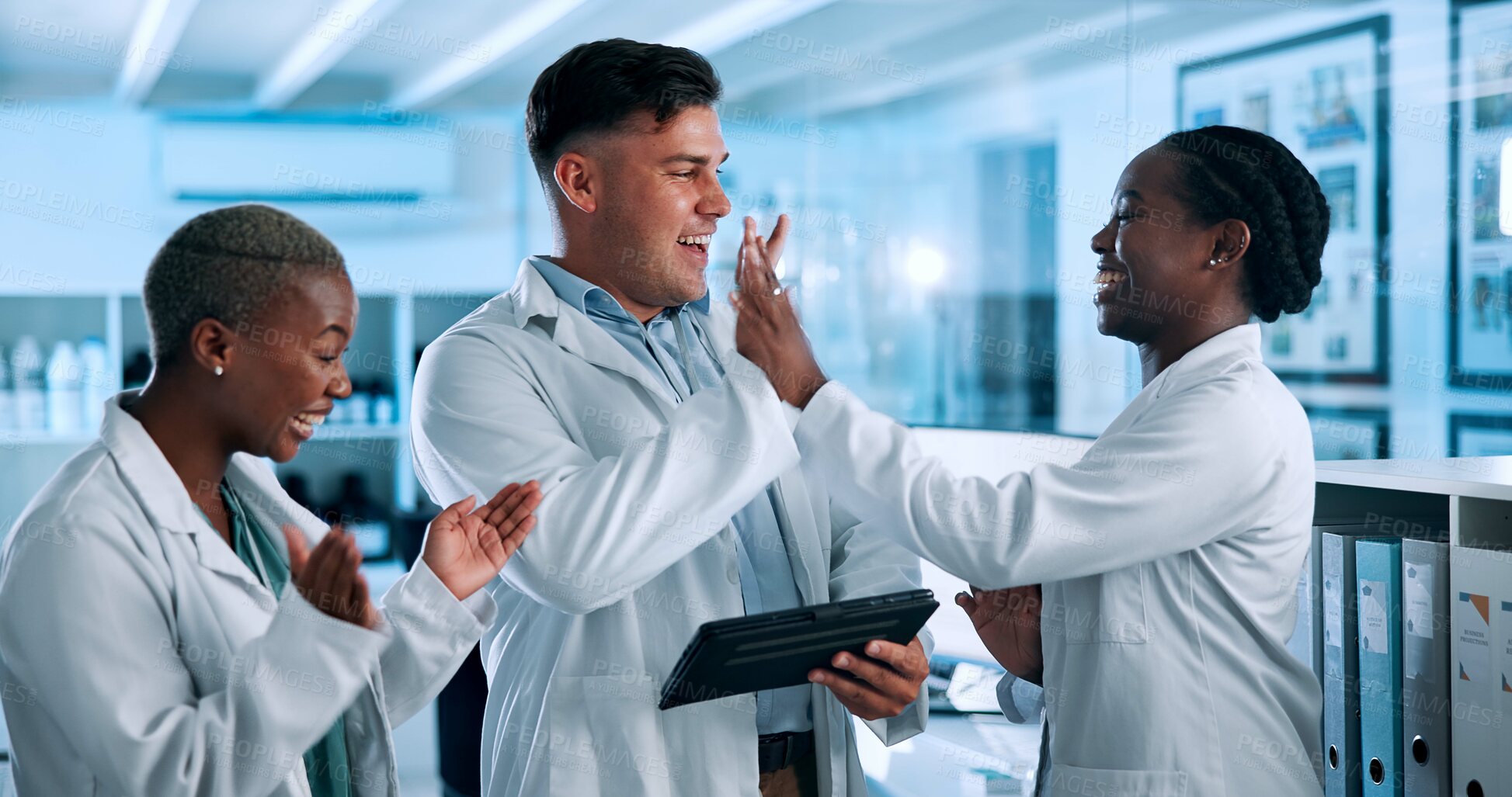 Buy stock photo Science, high five and people on tablet in lab celebrate for results, breakthrough and medical success. Healthcare, pharmaceutical and men and women on tech excited for research, discovery and cure