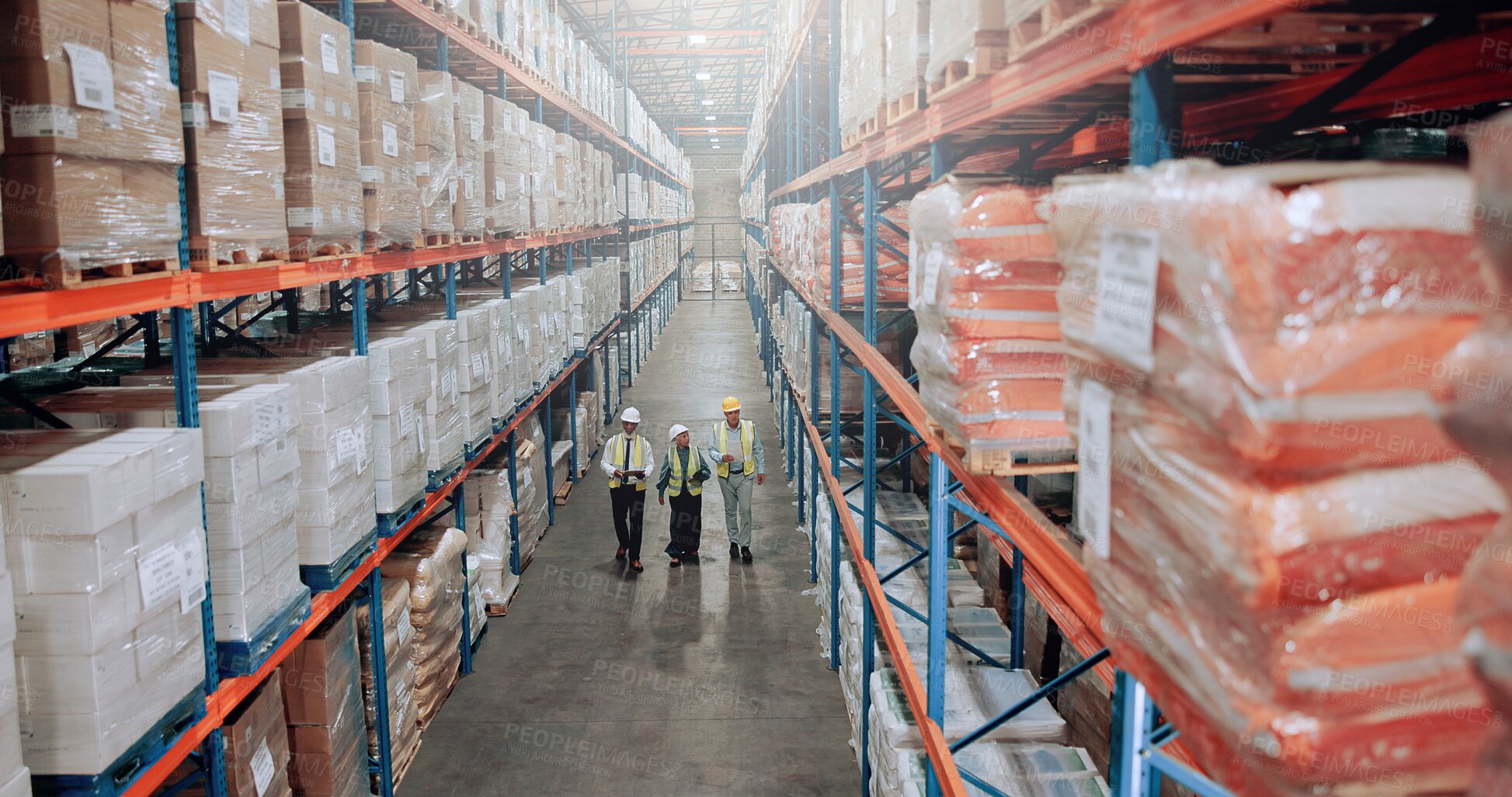 Buy stock photo Man, group and dancing for logistics, storage or smile for success with motivation, team or support at plant. People, mentor and women with cheers, celebration or goals for supply chain at warehouse