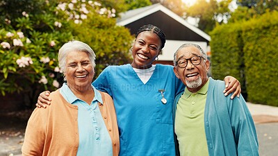Buy stock photo Portrait, outdoor and nurse with senior couple, smile and support with embrace, health and retirement. Face, pensioner and mature woman with old man, caregiver and hug with happiness and companion