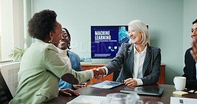 Buy stock photo Business, employees or handshake in presentation for success of machine learning deal, contract or partnership. Data scientist, people or shaking hands with training coach for ai development workshop