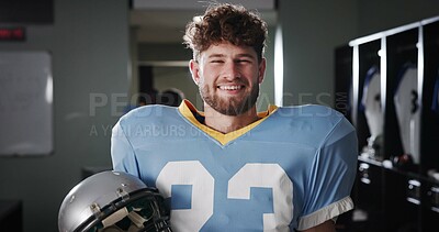 Buy stock photo Athlete, football player or smile in locker room for portrait, protective gear or quarterback in tournament. National sport, happy or man in cloakroom for fitness, game confidence or pride in USA