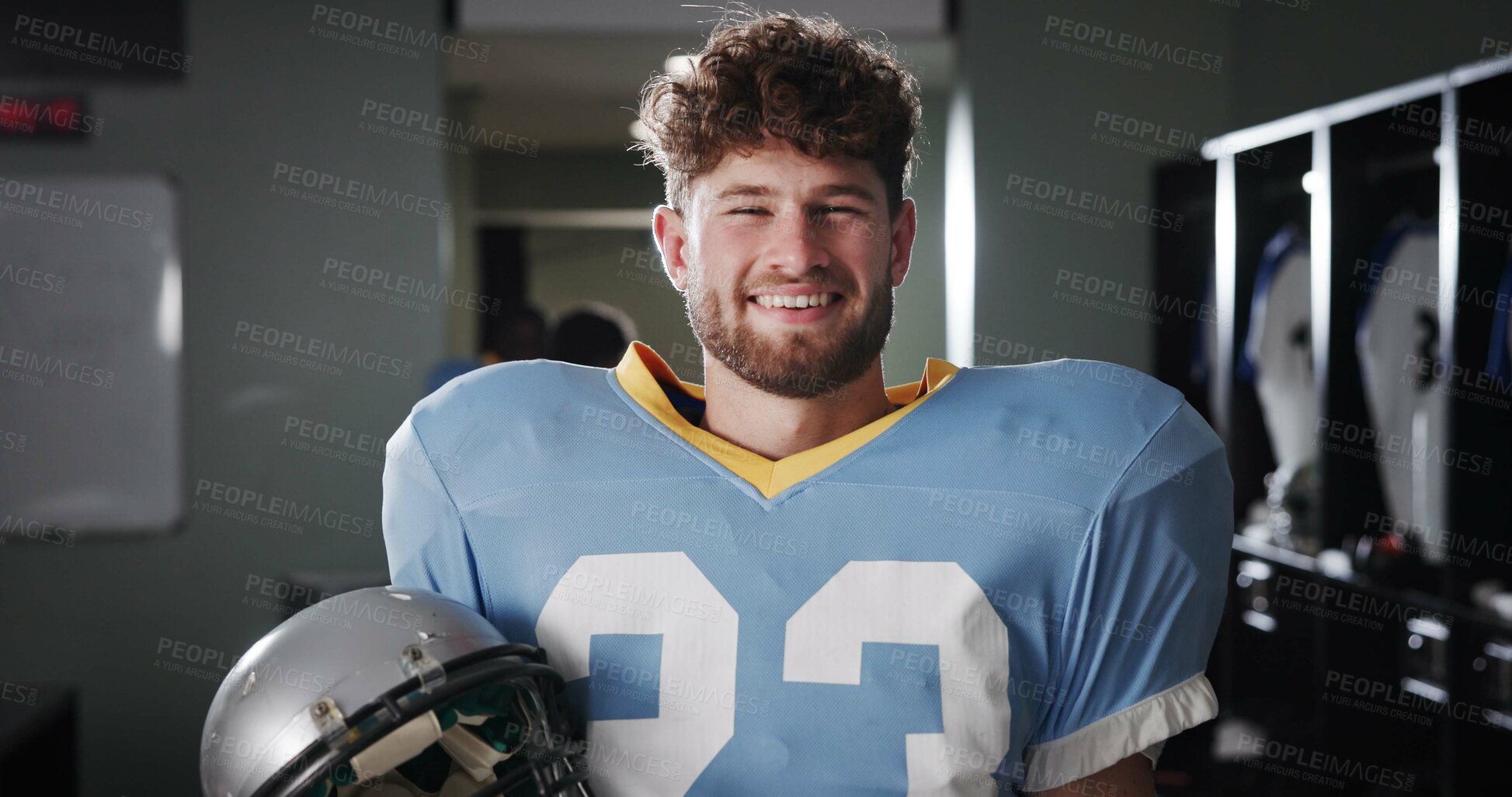 Buy stock photo Athlete, football player or smile in locker room for portrait, protective gear or quarterback in tournament. National sport, happy or man in cloakroom for fitness, game confidence or pride in USA