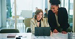 Business, woman and mentor on laptop in office for training, planning and help with financial report. People, manager and online with finance information, profit growth and collaboration for proposal
