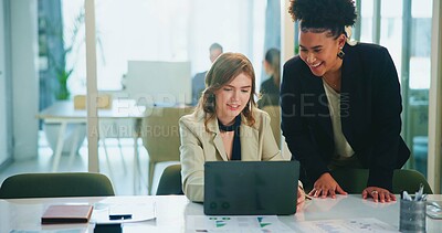 Buy stock photo Business, woman and mentor on laptop in office for training, planning and help with financial report. People, manager and online with finance information, profit growth and collaboration for proposal