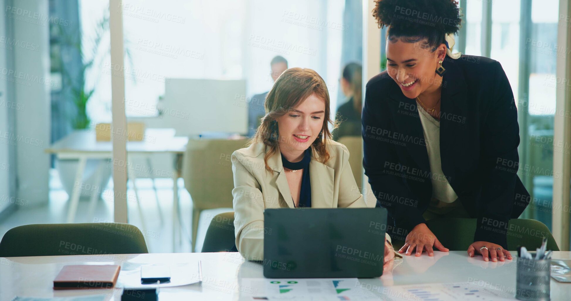 Buy stock photo Business, woman and mentor on laptop in office for training, planning and help with financial report. People, manager and online with finance information, profit growth and collaboration for proposal