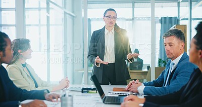 Buy stock photo Investor, feedback or business people with speech in presentation for funding, review or investment. Woman speaker, group or manager with proposal ideas for project meeting, budget or risk management