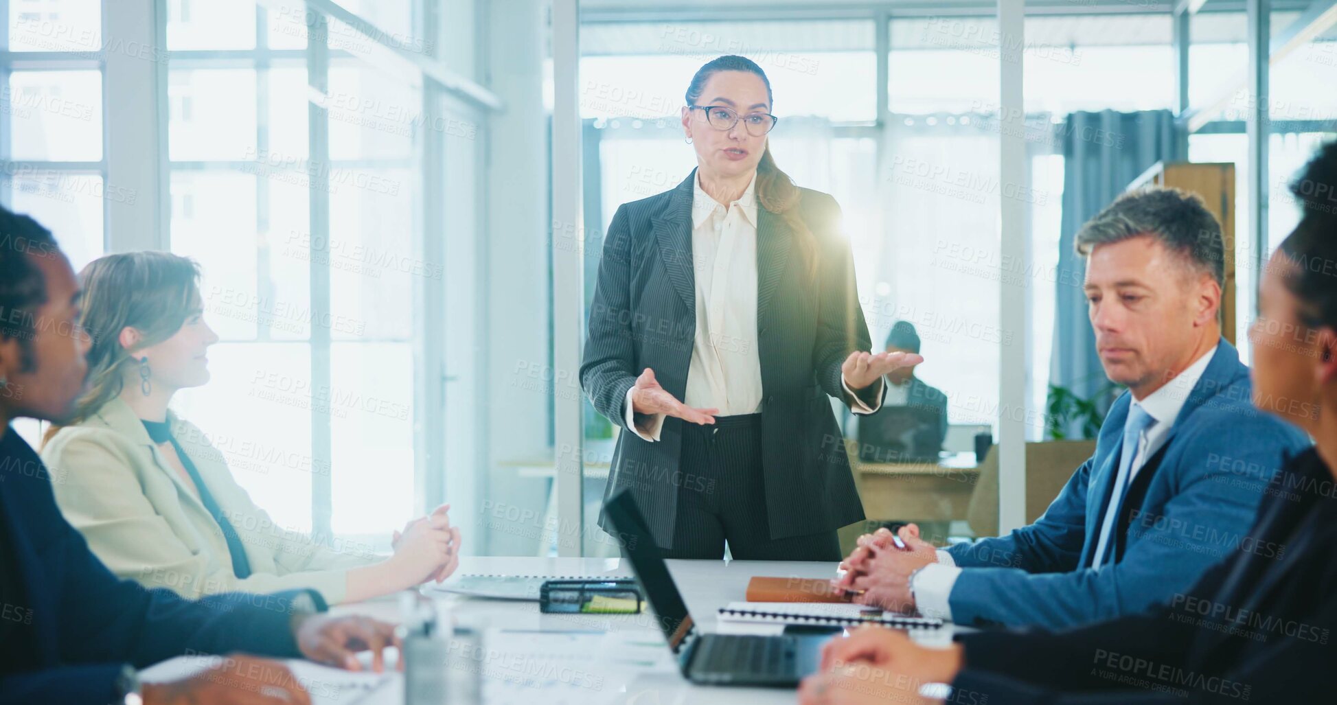 Buy stock photo Investor, feedback or business people with speech in presentation for funding, review or investment. Woman speaker, group or manager with proposal ideas for project meeting, budget or risk management