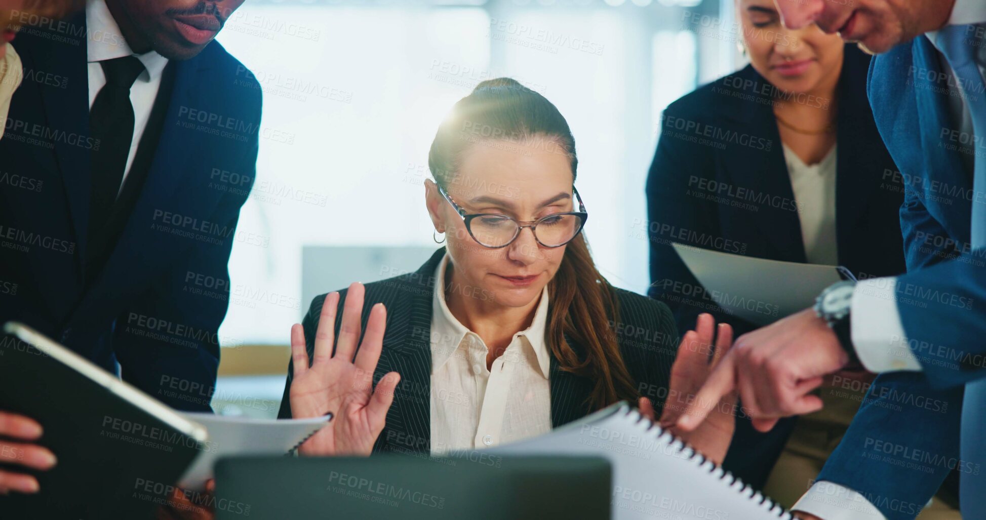 Buy stock photo Multitasking, documents and businesswoman in office with stress, burnout or overwhelmed for deadline. Paperwork, chaos and investment banker with time management for financial report with overload