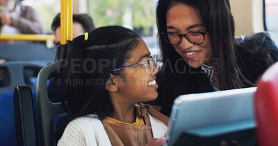 Buy stock photo Bus, mother and child with tablet for travel, connection and reading online with conversation for trip. Public transport, mom and girl with technology for streaming app, educational game and commute