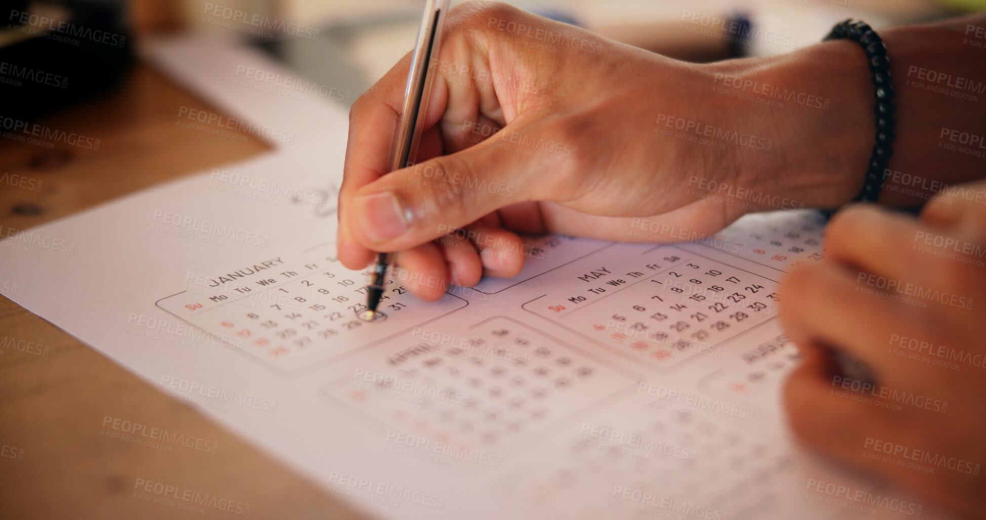Buy stock photo Person, schedule and hands writing on calendar for reminder, deadline update and time management. Goals, objective and closeup of planning for tasks, appointment date and notes planner for agenda