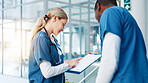 Clipboard, feedback and doctors in hospital with discussion for medical insurance paperwork. Documents, teamwork and healthcare workers with review for clinical results, research or surgery planning.