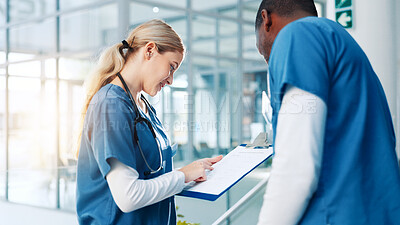 Buy stock photo Clipboard, feedback and doctors in hospital with discussion for medical insurance paperwork. Documents, teamwork and healthcare workers with review for clinical results, research or surgery planning.