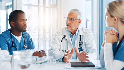 Buy stock photo Healthcare, doctor and nurses with discussion in meeting, diagnosis feedback and collaboration. Teamwork, employees and surgeon with talking for medical treatment, planning and training in clinic