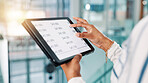 Business person, hands and tablet screen with salary statistics for company finance or budget. Closeup, accountant or financial analyst with technology display for corporate expenses, bills or profit