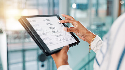 Buy stock photo Business person, hands and tablet screen with salary statistics for company finance or budget. Closeup, accountant or financial analyst with technology display for corporate expenses, bills or profit