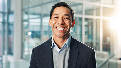 Buy stock photo About us, portrait and smile of business man in lobby of office for career development or welcome. Agency, corporate and pride with happy accounting or financial employee at work in investment firm