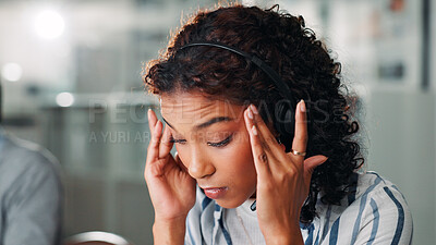 Buy stock photo Call center, woman and frustrated with customer support, help desk and communication for online consultant. Contact us, headset and headache with technical issue, virtual advice or agent for hotline