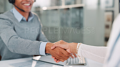 Buy stock photo Business people, consultant and meeting with handshake for customer service or thank you at office. Closeup, employees or agents shaking hands with smile for b2b, partnership or deal at call center