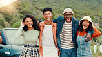 Portrait, car and happy friends hug on road trip for bonding, holiday travel or vacation in group. Outdoor, excited or people with funny joke, smile or motor vehicle for getaway, adventure or tourism