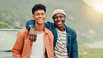Hug, portrait and smile of best friends on road trip together for bonding, holiday or vacation. Adventure, travel and weekend with happy black men embracing outdoor in nature for getaway or journey