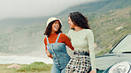Laughing, girls and happy friends hug on road trip for bonding, holiday travel or vacation in group. Outdoor, funny joke or women with love, smile or motor vehicle for support, adventure and tourism