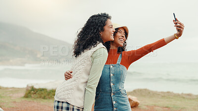 Buy stock photo Friends laughing, girls and selfie at beach for vacation, holiday and happy memory on island. Smile, women and take picture together at ocean for social media post, travel and embrace on trip outdoor