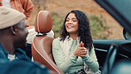 Talking, road trip or friends in car for travel, vacation or holiday on outdoor adventure. Chat, explore or women with destination, smile or motor vehicle for getaway, journey or break in convertible