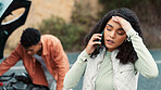 Couple, phone call or woman with stress for broken car with travel crisis, engine fail or emergency. Street, people and frustrated with contact for roadside assistance, repair service and headache