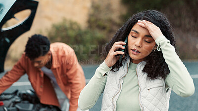 Buy stock photo Couple, phone call or woman with stress for broken car with travel crisis, engine fail or emergency. Street, people and frustrated with contact for roadside assistance, repair service and headache