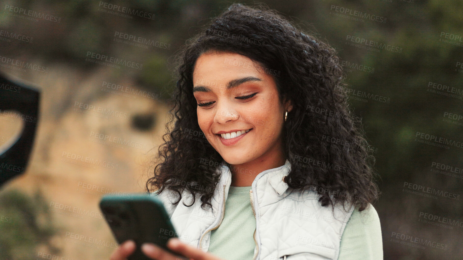 Buy stock photo Happy, typing and woman with phone in nature for location on adventure, vacation and road trip. Countryside, smile and person on smartphone for internet, social media and online for travel post