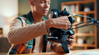 Buy stock photo Home, influencer and man with review, VR glasses and content creation with information. Apartment, person and specialist for gaming equipment, live streaming or explain with knowledge or presentation