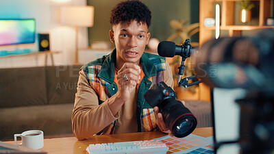 Buy stock photo Content creator, camera and man live streaming for review, podcast or social media promotion. Filming, product or influencer show tech for advertising, photography or picture quality with mic at home