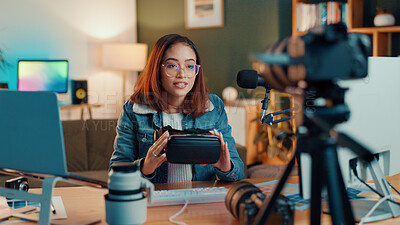 Buy stock photo Influencer, talking and woman with vr headset live streaming for broadcast, entertainment and vlog. Content creator, social media and person recording video, podcast and review to audience in home