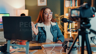 Buy stock photo Woman, wave and live stream in home with mic, camera and smilie for chat with audience on social media. Gen z influencer, girl and happy with hello, recording and podcast in studio at apartment