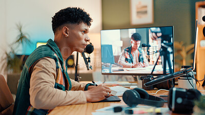 Buy stock photo Man, graphics tablet and video editing by monitor with review, production and content creation in home. Person, influencer and drawing in profile, quality assurance and digital tools for social media