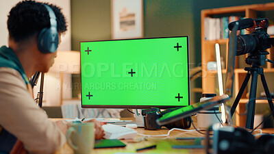 Buy stock photo Green screen, computer and man with live streaming in home for editing project on videography. Technology, content creation and back of male influencer with recording for online podcast in apartment.