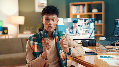 Buy stock photo Influencer, talking and portrait of man live streaming for broadcast, entertainment and vlog. Content creator, social media and person for recording video, podcast and chatting to audience in home