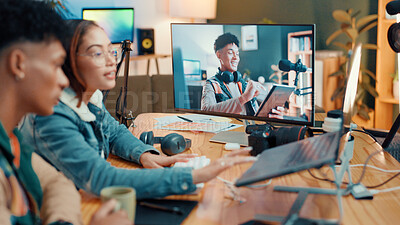 Buy stock photo Influencer, team and editing with screen, laptop and production for video review. People, monitor and discussion for content creation, broadcast or freelancer in house for social media podcast