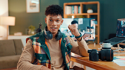Buy stock photo Influencer, content creator and portrait of man in home for broadcast, entertainment and vlog. Live streaming, social media and person talking for recording video, podcast and chat to audience