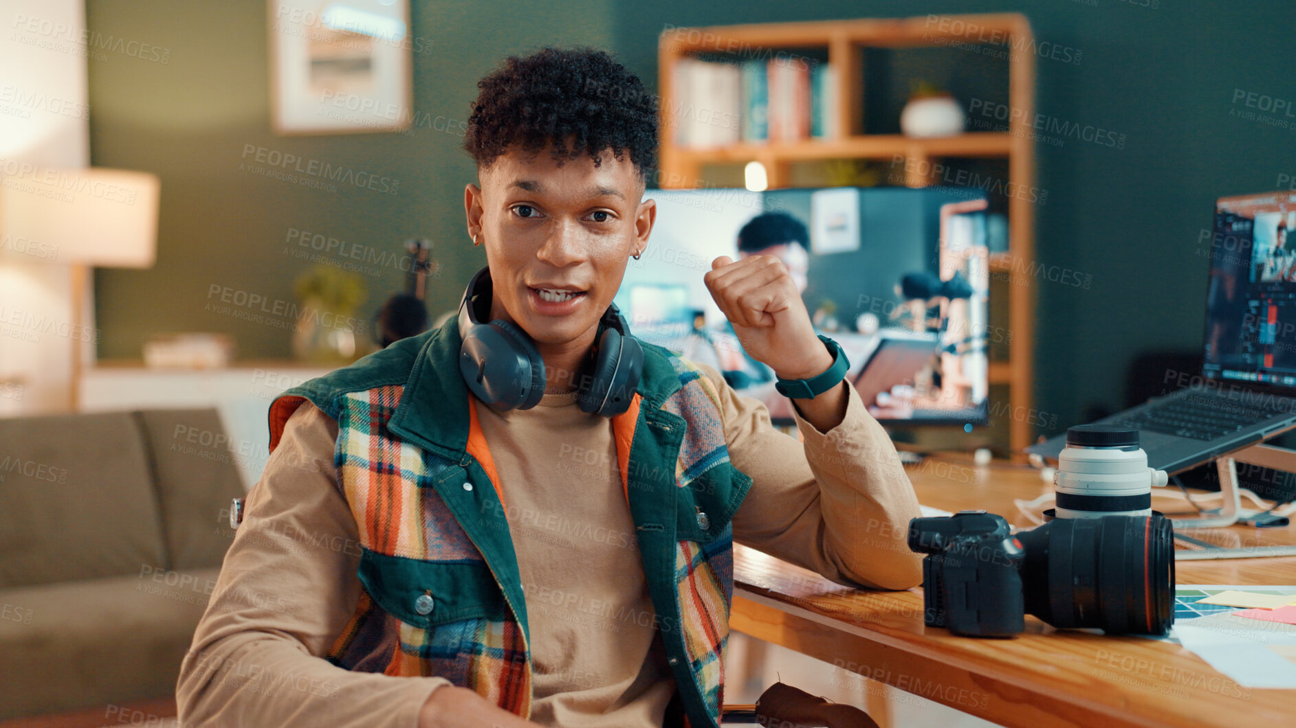 Buy stock photo Influencer, content creator and portrait of man in home for broadcast, entertainment and vlog. Live streaming, social media and person talking for recording video, podcast and chat to audience