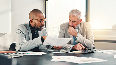 Buy stock photo Finance, meeting or business people with paperwork for planning for teamwork, contract or budget. Mature manager, document or financial advisor reading for accounting project, info or risk management