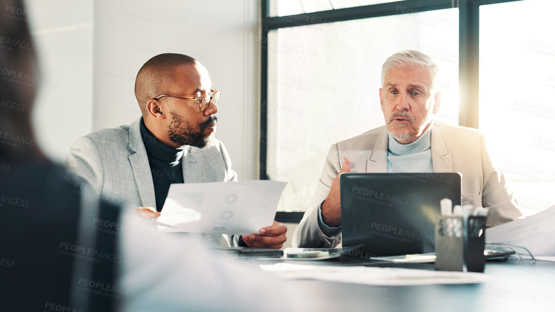 Buy stock photo Mentor, discussion or business people with laptop for meeting for teamwork, advice or budget. Manager, mature or financial advisors in office for accounting project, documents and risk management
