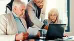 Document, audit and business people on laptop for meeting, collaboration and investment news. Manager, planning and mature financial advisor in office for teamwork, accounting and risk management