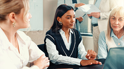Buy stock photo Research, audit and business women on laptop for meeting, collaboration and investment news. Finance, planning and financial advisor typing for teamwork, accounting and risk management in company