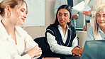 Research, audit and business women on laptop for meeting, collaboration and investment news. Finance, planning and financial advisor typing for teamwork, accounting and risk management in company