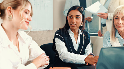 Buy stock photo Research, audit and business women on laptop for meeting, collaboration and investment news. Finance, planning and financial advisor typing for teamwork, accounting and risk management in company