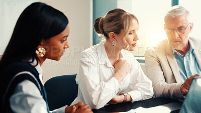 Buy stock photo Talking, meeting or business people on laptop with feedback for teamwork, collaboration and investment. Investor, mature or manager in office with technology for project, budget and risk management