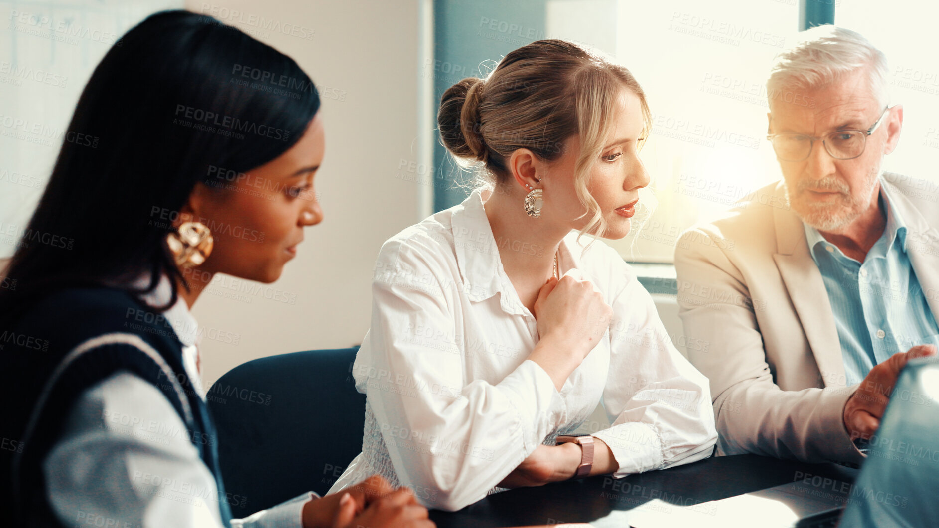 Buy stock photo Talking, meeting or business people on laptop with feedback for teamwork, collaboration and investment. Investor, mature or manager in office with technology for project, budget and risk management