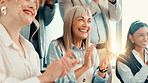 Success, happy woman or clapping for financial achievement, target or profit growth. Mature Investor, applause or team support in meeting for celebration, deal or well done for investment agreement