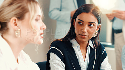 Buy stock photo Business women, team and talking at meeting, finance and listen with problem solving at office. People, accounting and discussion with insight for review, feedback and planning for solution at agency